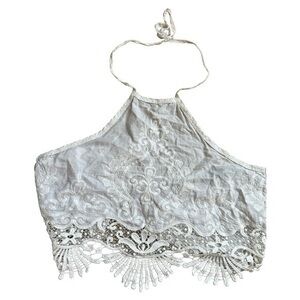 Windsor size medium, white lace fringe, wrap top, ties behind neck, button back
